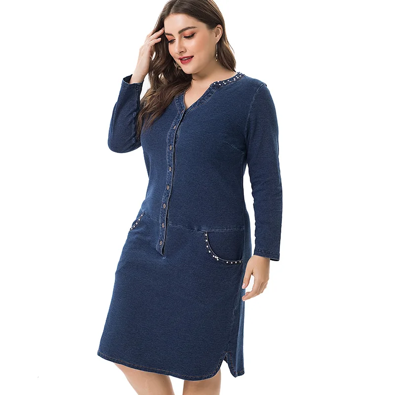 Женское джинсовое платье средней длины с длинным рукавом винтажное элегантное