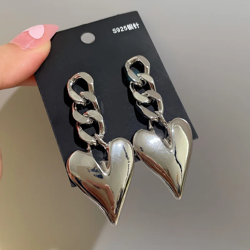 

925 Silver Needle Love Thick Chain Earrings Exaggerated Personality Design Dangler Net Red Cold Wind Ear Jewelry Female Eardrop