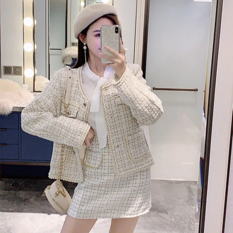 Женские твидовые комплекты однобортные с длинным рукавом и воротником-стойкой