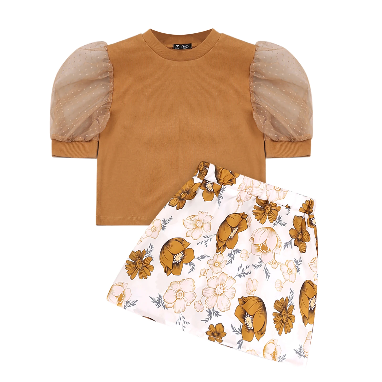 

Одежда для девочек, комплект, с рукавами-фонариками, с круглым воротом, топы и юбка с цветочным принтом, Детский комплект из двух предметов, к...