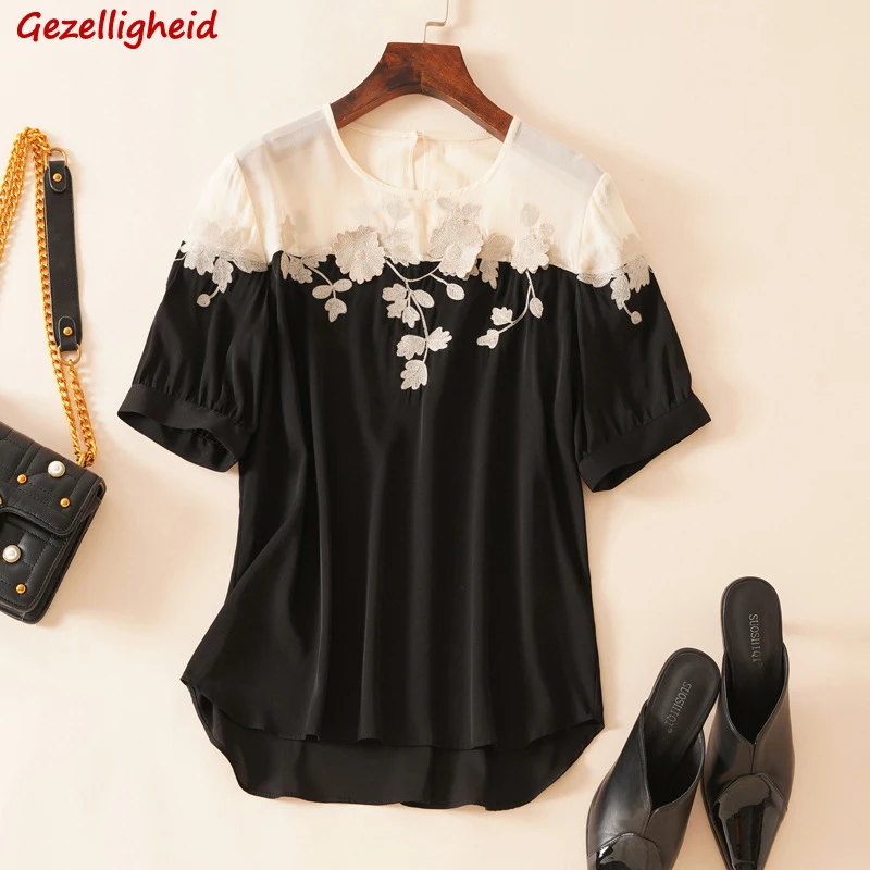 

Gezelligheid Blouses For Women 2021 Summer Fashion Elegant Round Neck Short Sleeve Embroidered Slim 100% Natural Silk Shirt Tops