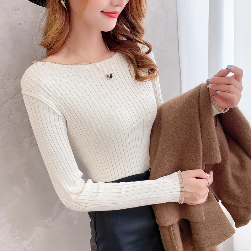 2019 autumn and winter one-collar sweater pullover slim short low-collar tight long-sleeved sweater-0d420 | Женская одежда