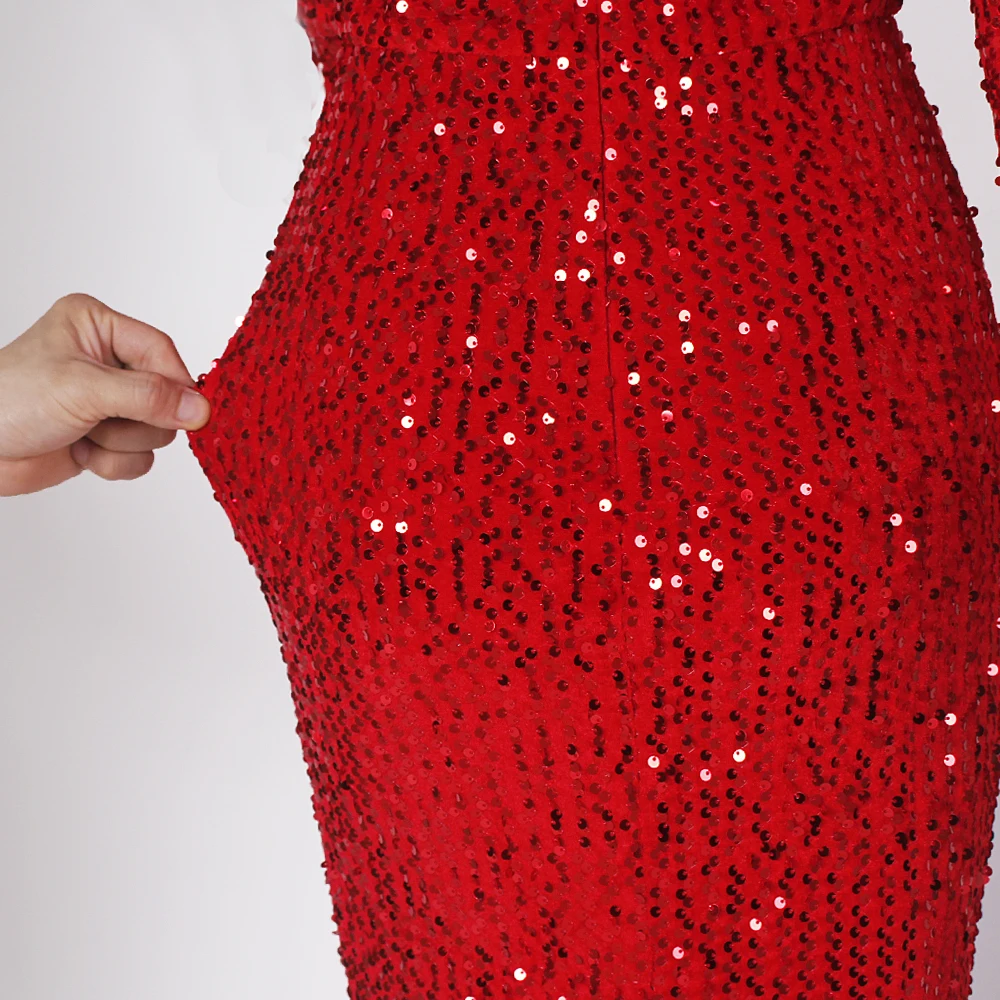 

Red Sequined Velvet Evening Party Dress Bow Split Leg Slit Front Cut Out Off the Shoulder Slash Neck Stretch Maxi Dress