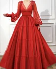 Мусульманское вечернее платье-трапеция красного цвета с длинными рукавами и V-образным вырезом, Тюлевое длинное платье для выпускного вечера