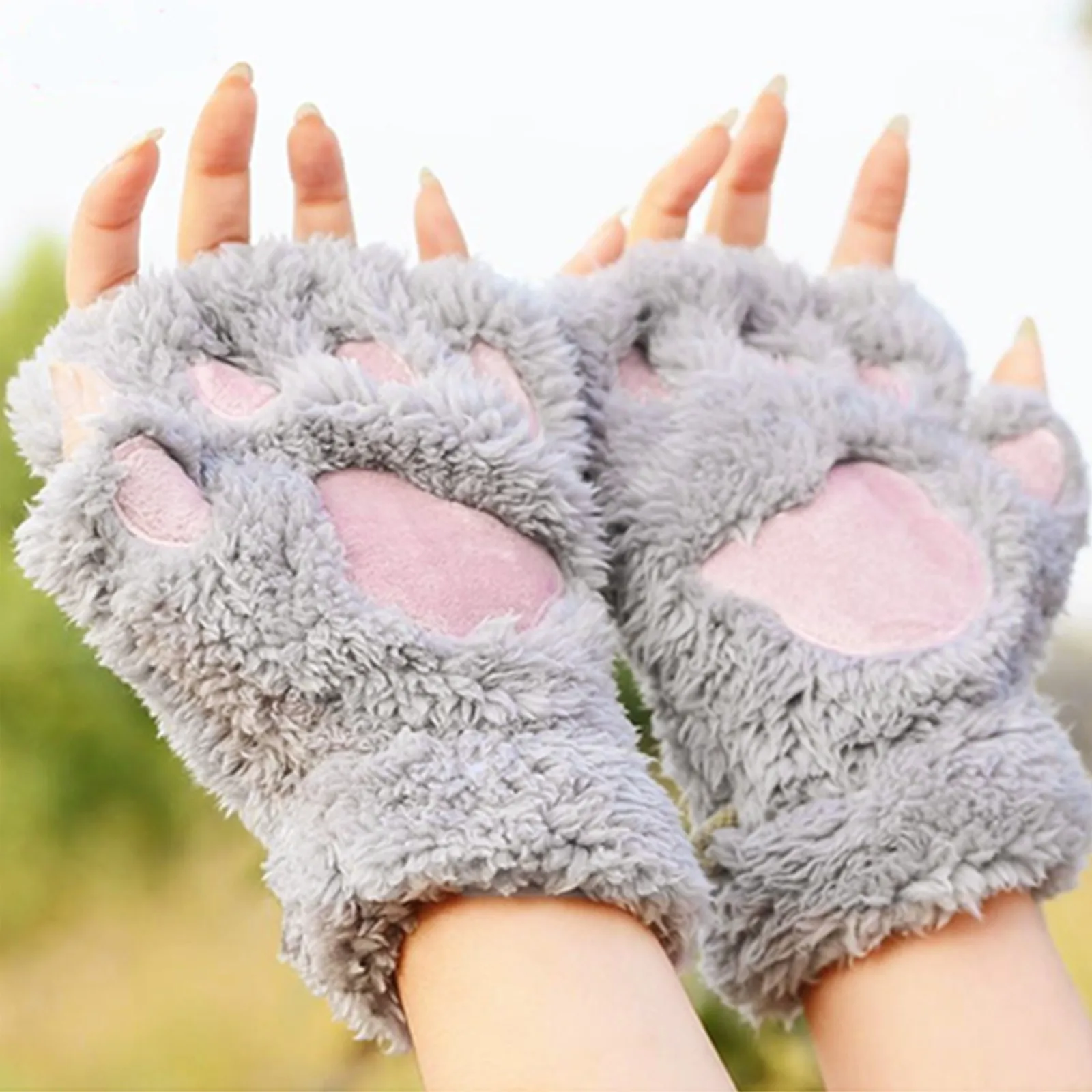 

Trendyland Cat's Claw Gloves Plush Half-finger Bear's Paw Fingerless Gloves Winter Women's Thick Fleece Warm Gloves Dropshipping