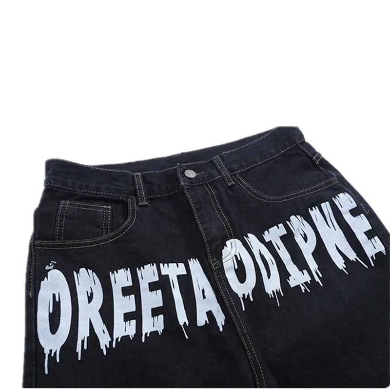 2021 New Arrival Letter Graffiti Print Hole Ripped Cotton Men Straight Jeans Trousers Washed Casual Denim Pants Pantalon Homme