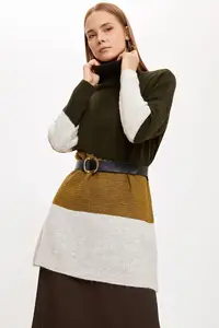 Defacto зимняя женская трикотажная Цвет блок пол с высоким, плотно облегающим шею воротником Трикотаж Туника женский длинный пуловер Fashion-J2977AZ20WN