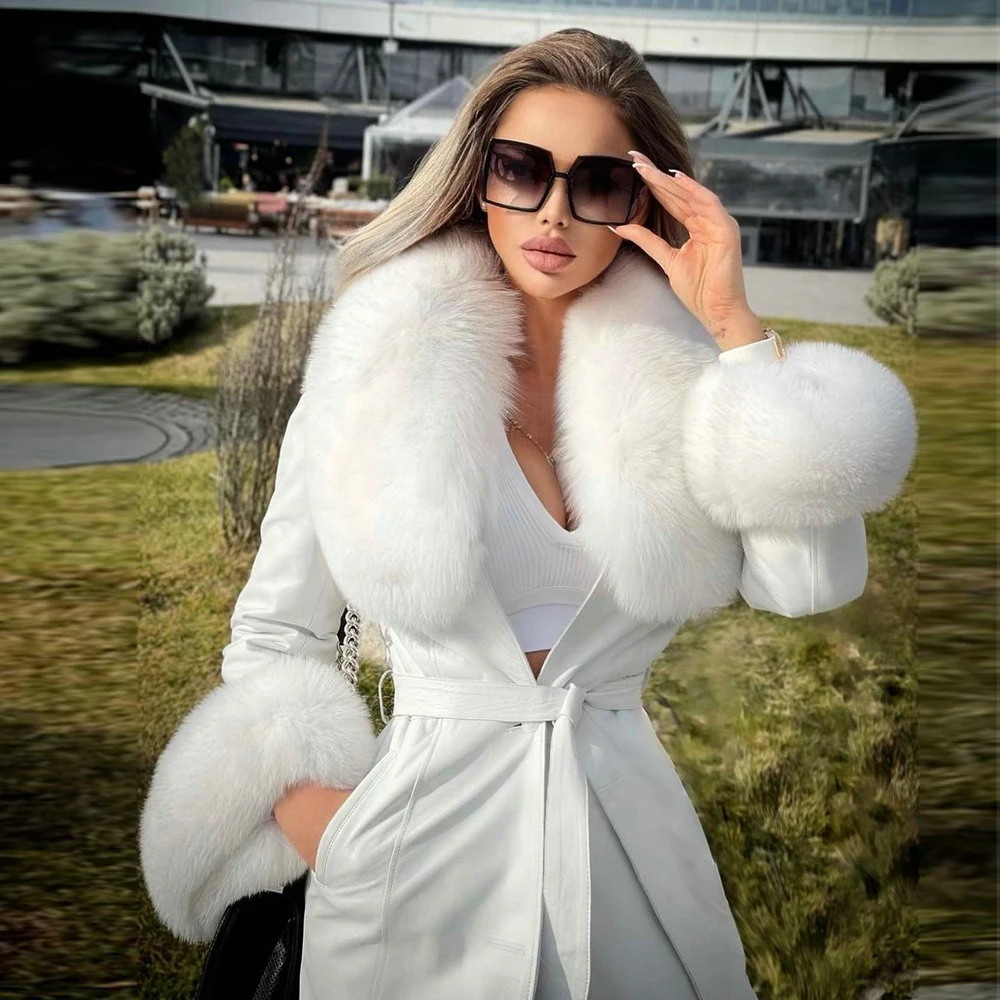 Women Natural Fox Fur Wool Blends Coat with Belt Slim Woman Whole Skin Genuine Fox Fur Collar Cashmere Coat Outwear Female 2022 enlarge