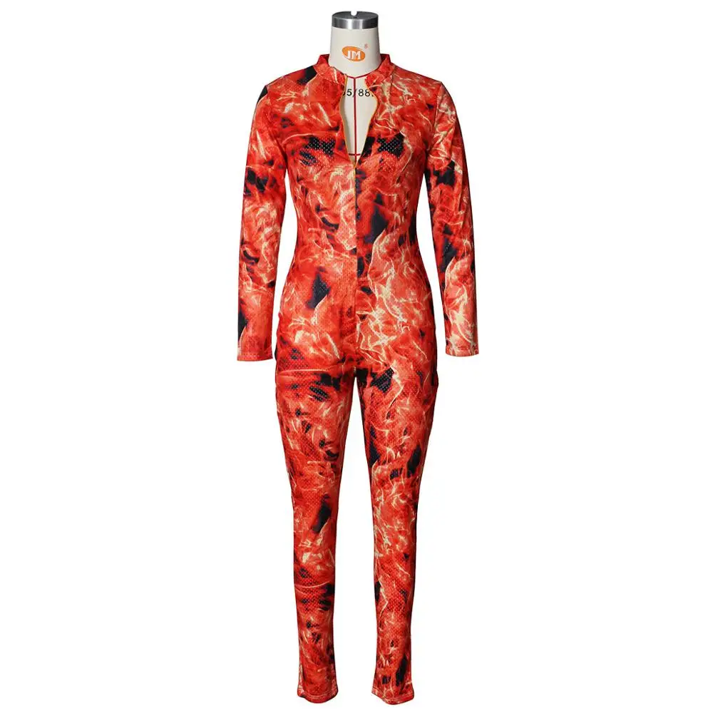 

Echoine Autumn Long Sleeve Print See Thhrough Jumpsuit Women Skinny Sexy Zipper V-neck Playsuit Club Outfits Sportwear New