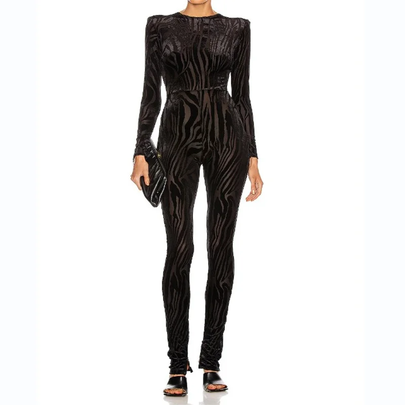 New Celebrity Bodycon Bandage Jumpsuit Fashion Sexy O-Neck Black Women Evening Club Party Dress Casual Flare Pant Suits