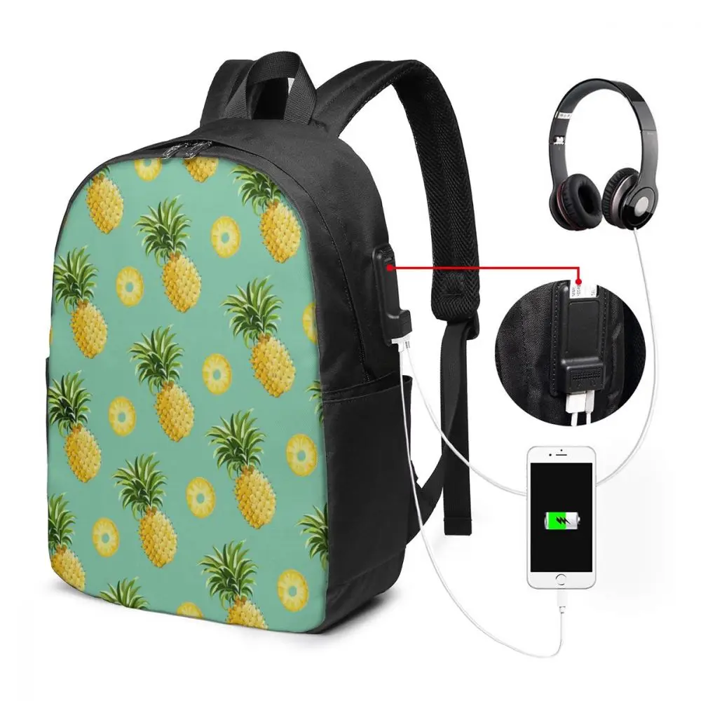 

WHEREISART Pineapple Printing School Bags for Girls Teenagers USB Charging Laptop Travel Backpack High Capacity Schoolbag