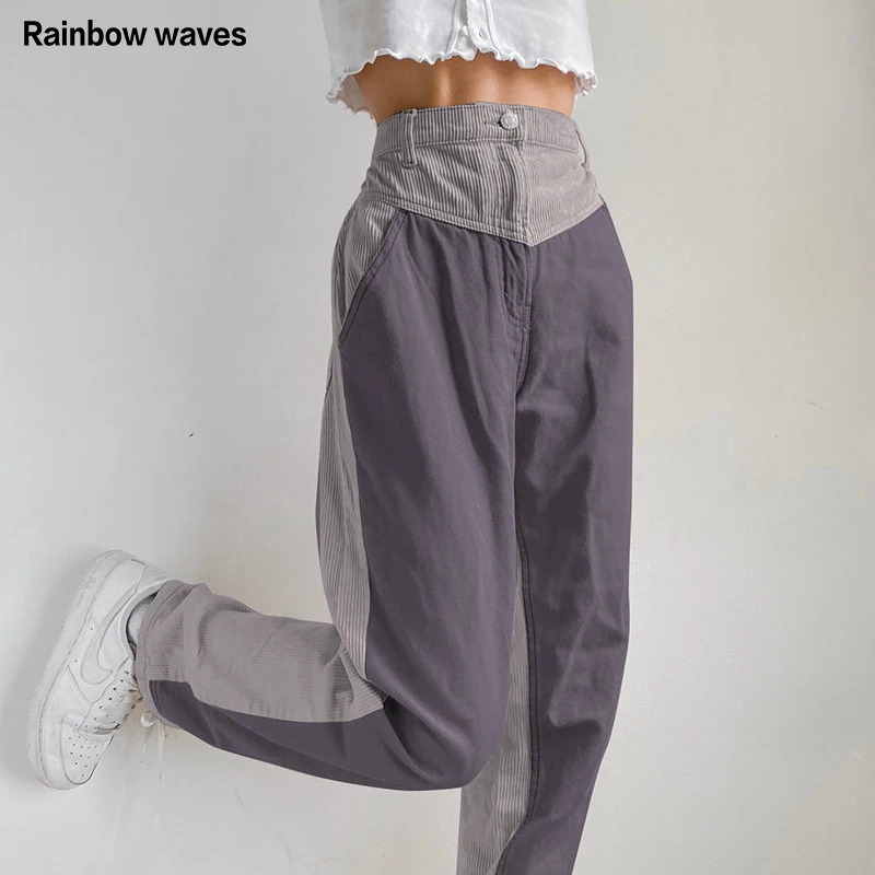 

Rainbowwaves Corduroy Spliced Casual Women Pants Harajuku Long High Waist Straight Trousers Female Fashion Streetwear Sweatpants