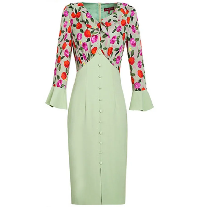 

Office lady slim Solid 2020 Autumn Spring casual dress women's print stitching split professional patchwork flare sleeve skirt