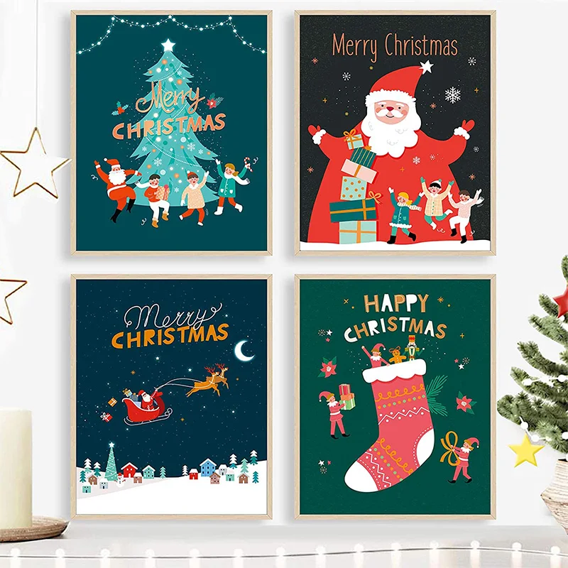 

Santa Claus Cartoon Canvas Painting Christmas Tree Elk Snowman Poster Print Mural Children's Room Home Wall Decoration Kid Gifts