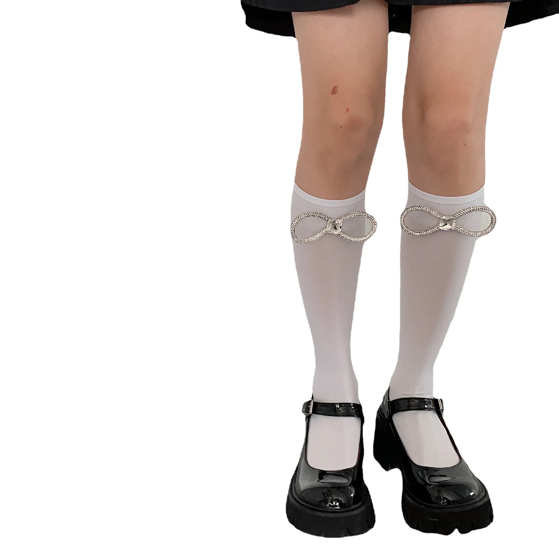

SP&CITY Lolita Shiny Rhinsetone Bow Cute High Socks Girls Student Transparent Solid Sexy Socks Diamond Luxury Nylon Stockings