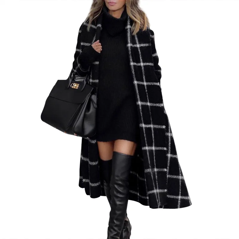 

Women's Long Woolen Coat Autumn Winter Black and Gray New Fashion Single-Breasted Jacket Turn Down Collar Lace Up Coat Female