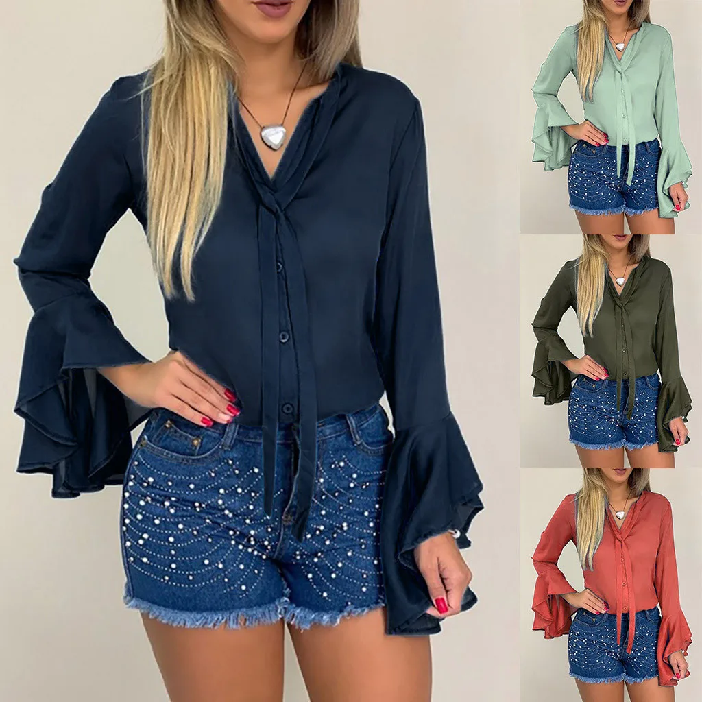 

Women's Tops Fashion Winter Buttons Solid Color Shirts Trumpet Sleeve Tie Tops W0813