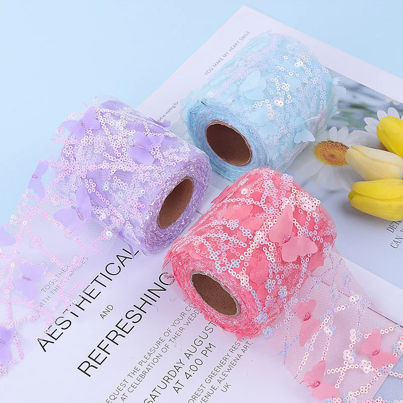 

3 meters/lot Sequins Butterfly Embroidery Organza Ribbon for DIY Craft Gift Wrapping Hair Bowknot Ribbon