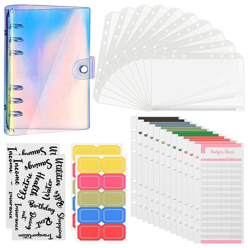 

A6 Budget Binder, PVC Notebook 6-Ring Cover Planner Organizer with Budget Envelopes Sheets Pockets and Letters Labels