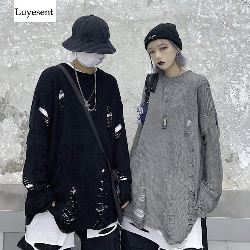 Черный светло-серый панк унисекс длинный свитер 2020 женский мужской с дырками