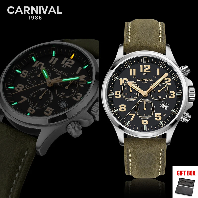 ArmyGreenSilverBlack Карнавальные кварцевые мужские часы с хронографом и Тритием, светящиеся водонепроницаемые мужские наручные часы, военные спортивные часы, мужские часы - Цвет: ArmyGreenSilverBlack