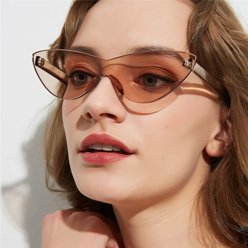 Солнцезащитные очки без оправы кошачий глаз женские модные цельные линзы яркие