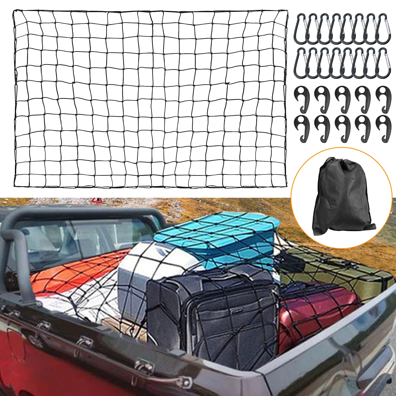 

Latex Cargo Organizer Cargo Net with 16 Carabiners Bungee Cargo Net for Pickup Truck Bed for Suv Rooftop Travel Luggage Rack