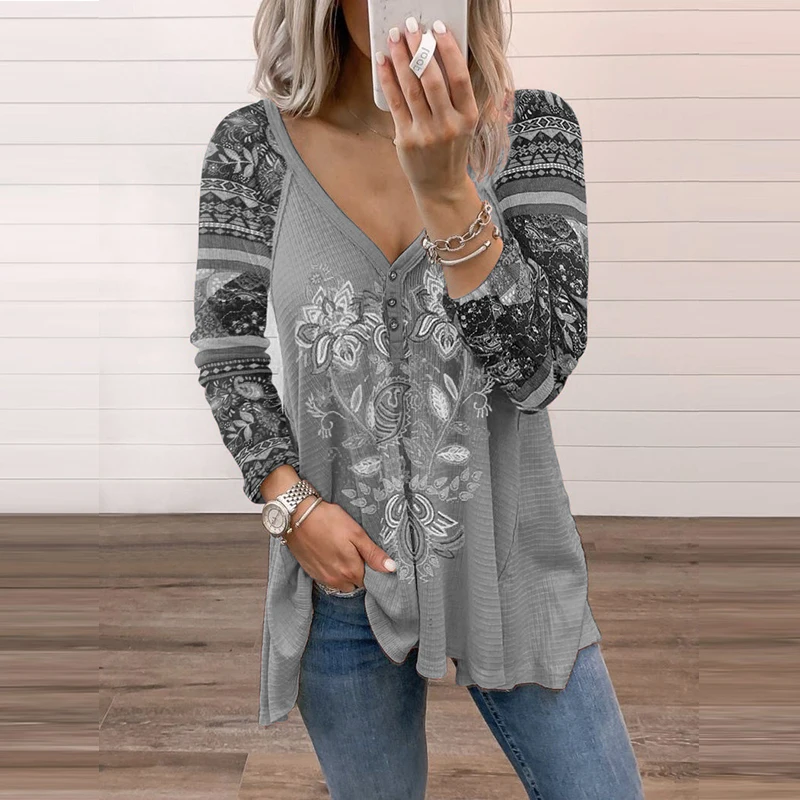 

Autumn Casual Long Sleeve Tops Pullover Women Elegant V-Neck Button Blouse Vintage Pattern Print Female Shirts Harajuku Street