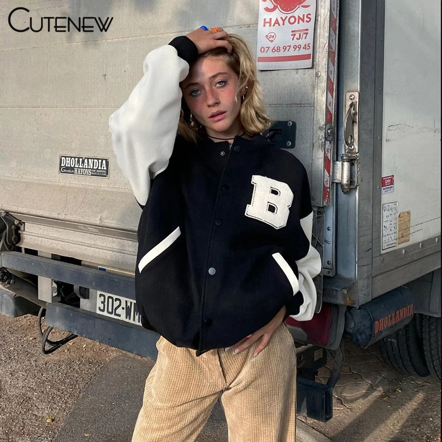 

Cutenew Letter Embroidery Patchwork Baseball Jacket Women's Autumn Single Breasted Loose Coats Casual Lady High Street Outerwear