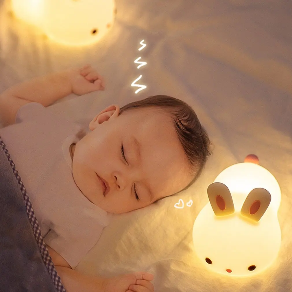 

Cute Little Cartoon Rabbit Soft Silicone Children's Bedside LED Lamp Colorful Pat Light Eye Protection USB Charging Light Gift