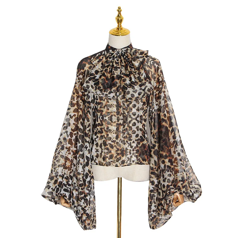 

eBay hot selling stand collar backless lantern sleeve leopard print shirt blouse women