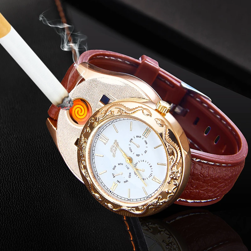 

Cigarette Lighter Watch USB Rechargeable Men Quartz Wristband Camp Fire Fashion Flameless Unique Craft Lighter Male Clock JH309