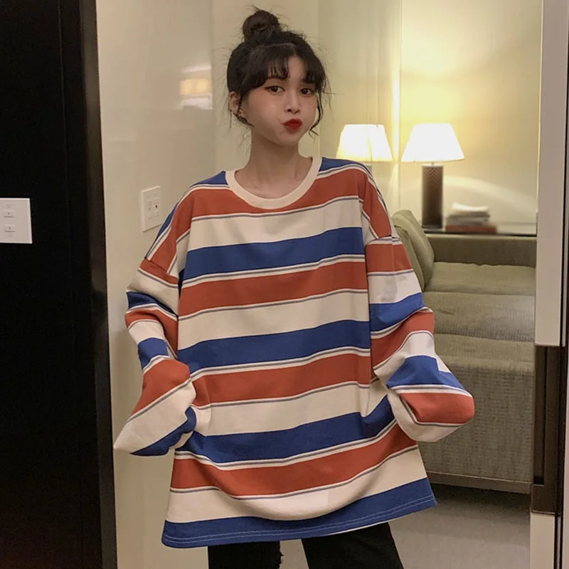 

Super Fire Striped Long-sleeved Couple Autumn Pullover Loose Student Bottoming T-shirt