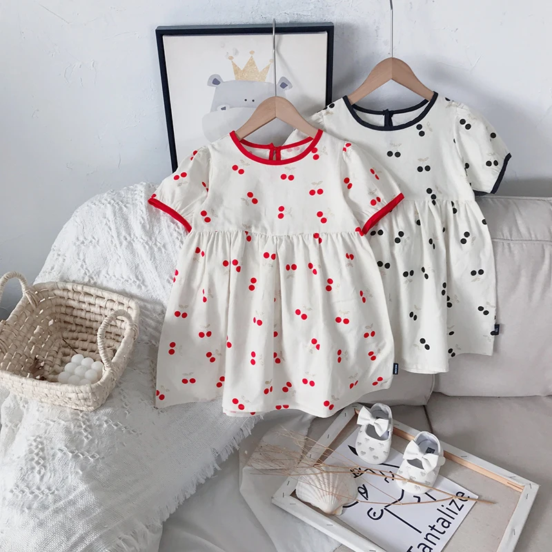 

Girls Casual Dresses Cute Children Cherry Print Patchwork Clothing Knee-Length Casual Summer Vestidos Girls Costumes