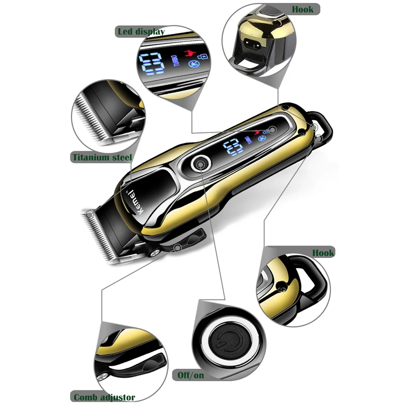 Триммер для волос Kemei с ЖК дисплеем Мужская машинка стрижки перезаряжаемая