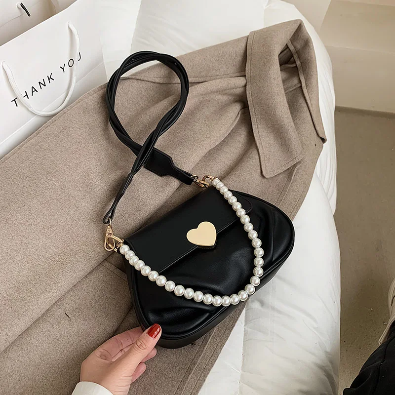 

Pure Color Mini Saddle Bag Fashion Pearl Chain High Quality Leather Women's Designer Handbag Lock Shoulder Crossbody Purses