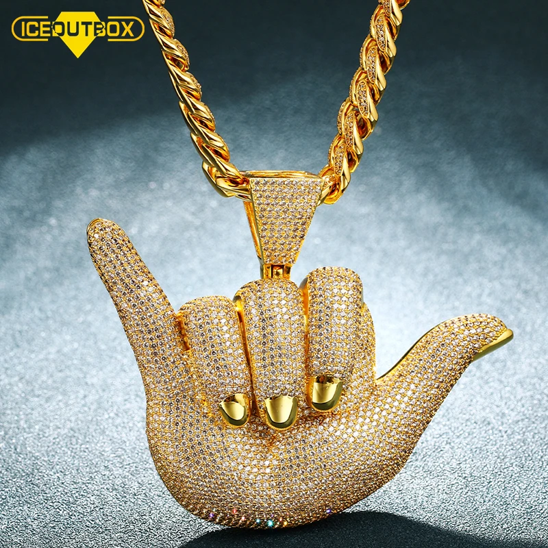 

ICEOUTBOX Oversize Hands Pendants Necklace Full Rhinstone Crystal Zircon Rapper Finger Hand Shape For Men's Hip Hop Jewelry Gift