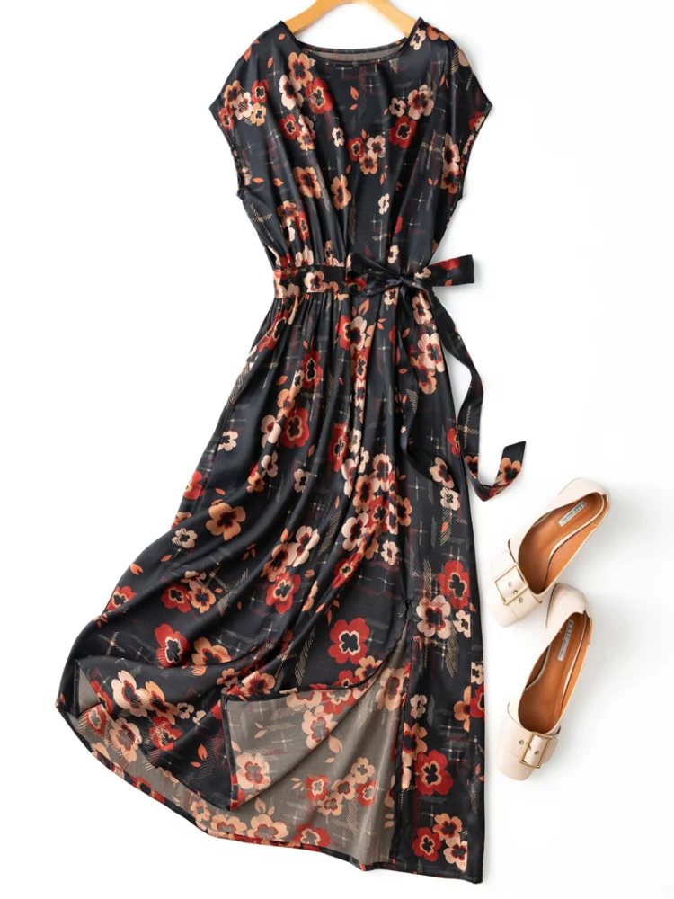 

SHUCHAN Silk Spandex STREETWEAR Raglan Sleeve Summer Dress Split Mid-Calf Sashes A-LINE Slash Neck Print