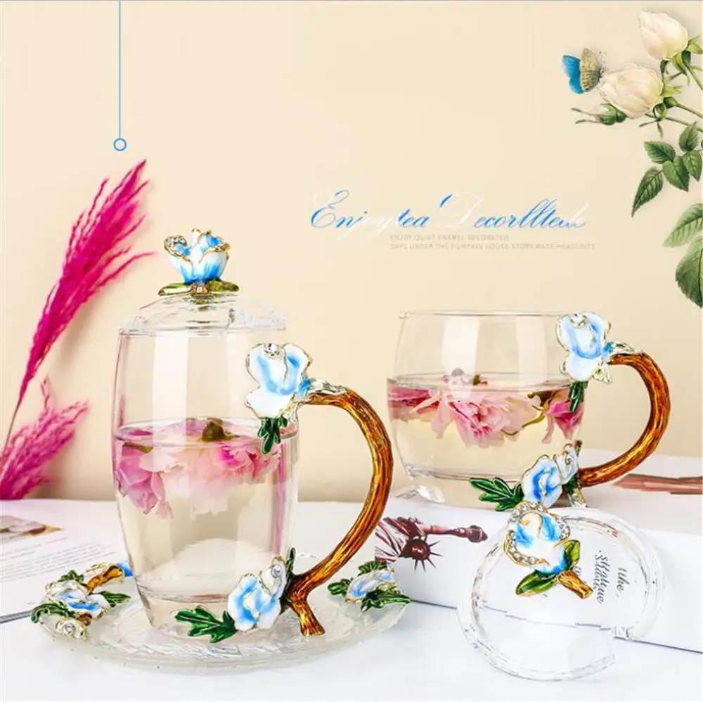 Элегантная чашка с эмалью розы термостойкая стеклянная для чая Офисная кофейная