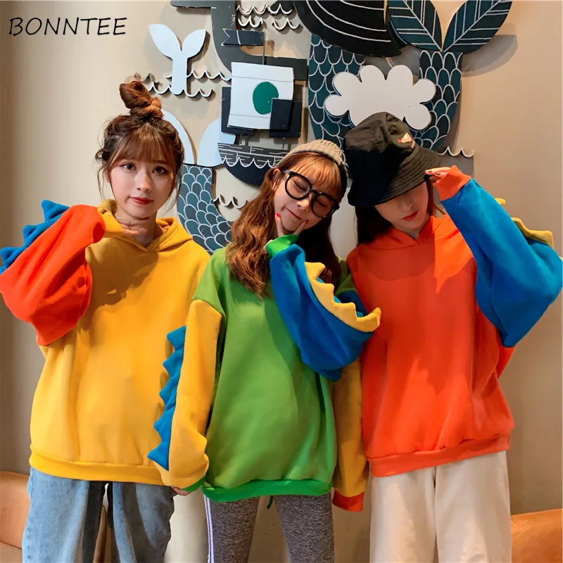 

Women with Hat Hoodies Patchwork Lovely Sweet Funny Loose Fashionable Chic Female Sweatshirts Autumn Korean Style Novelty Daily