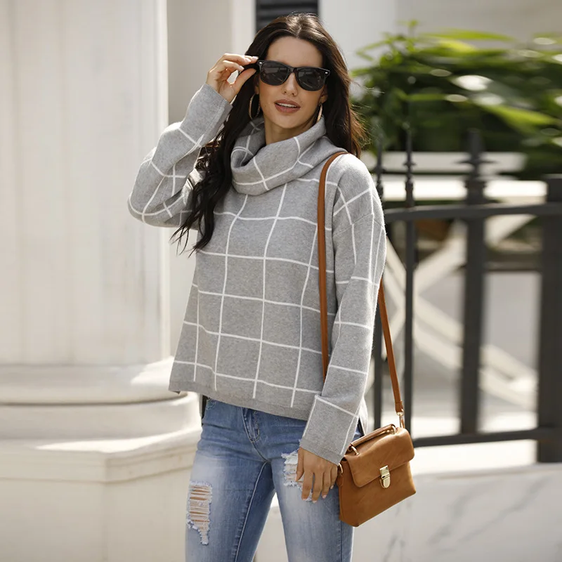 

Winter Women's Turtleneck Knit Sweater Long Sleeve Pullover Woman Sweaters Plaid Elegant Slim Outwear Loose Fit Sweater Tops