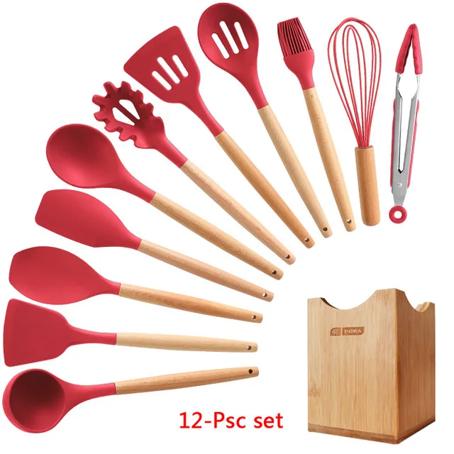 12- kitchen set Набор для кухни, 11/12 предметов. силиконовых кухонный набор, антипригарная, деревянная, ручка, набор кухонных инструментов, набор кухонных принадлежностей, c держателем коробка, для готовки,кухонная утварь - Цвет: 12- kitchen set