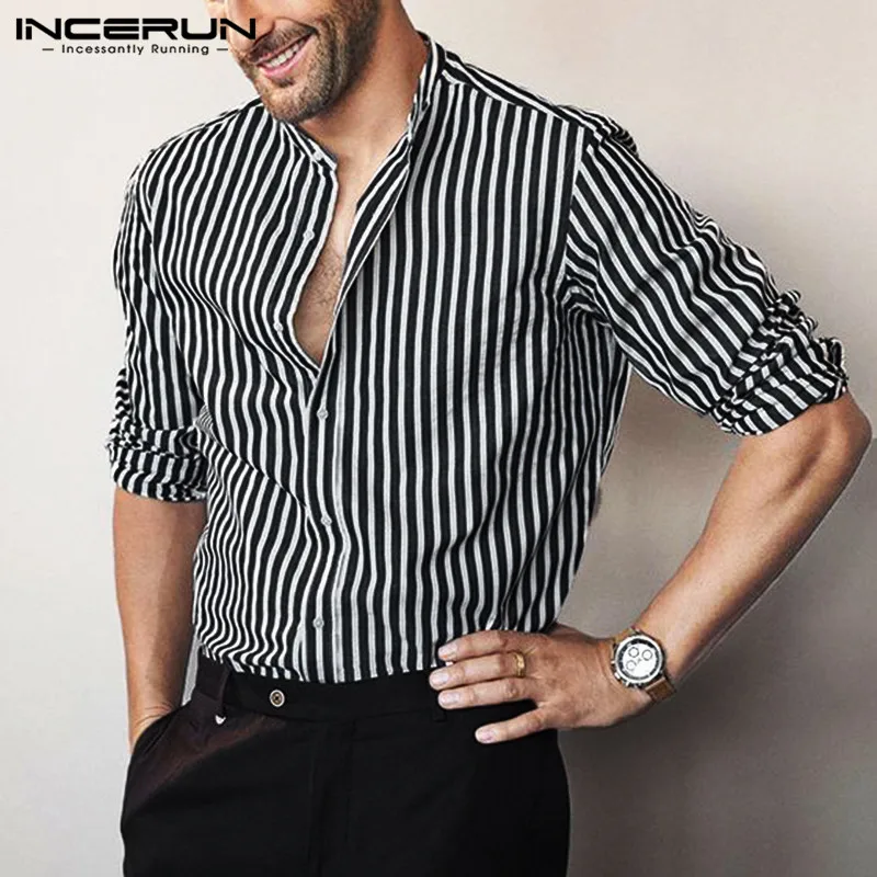 

Мужские стильные пуговицы бизнес-бренд, Camisa Masculina, INCERUN Модные Полосатые мужские рубашки с длинным рукавом и стоячим воротник со стойкой, цве...