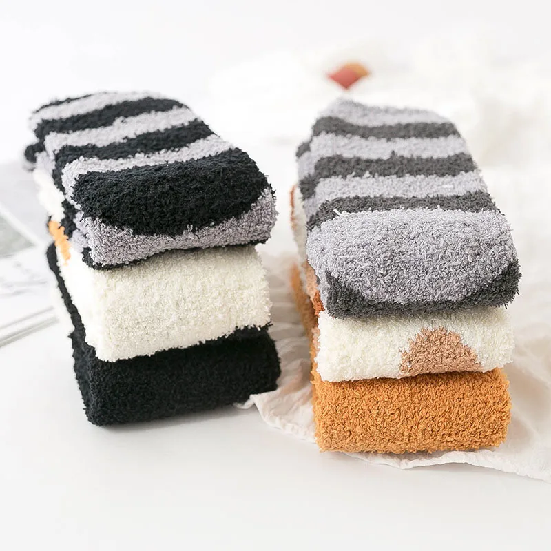Animal Claws Coral Velvet Socks Winter Kawaii Thick Striped Cartoon Women Socks Fuzzy Fluffy Terry Warm Socks Short Cute Socks