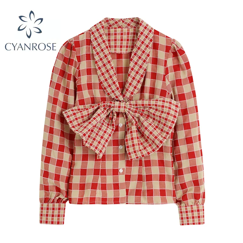 Женская клетчатая блузка однобортная во французском стиле с длинным рукавом и