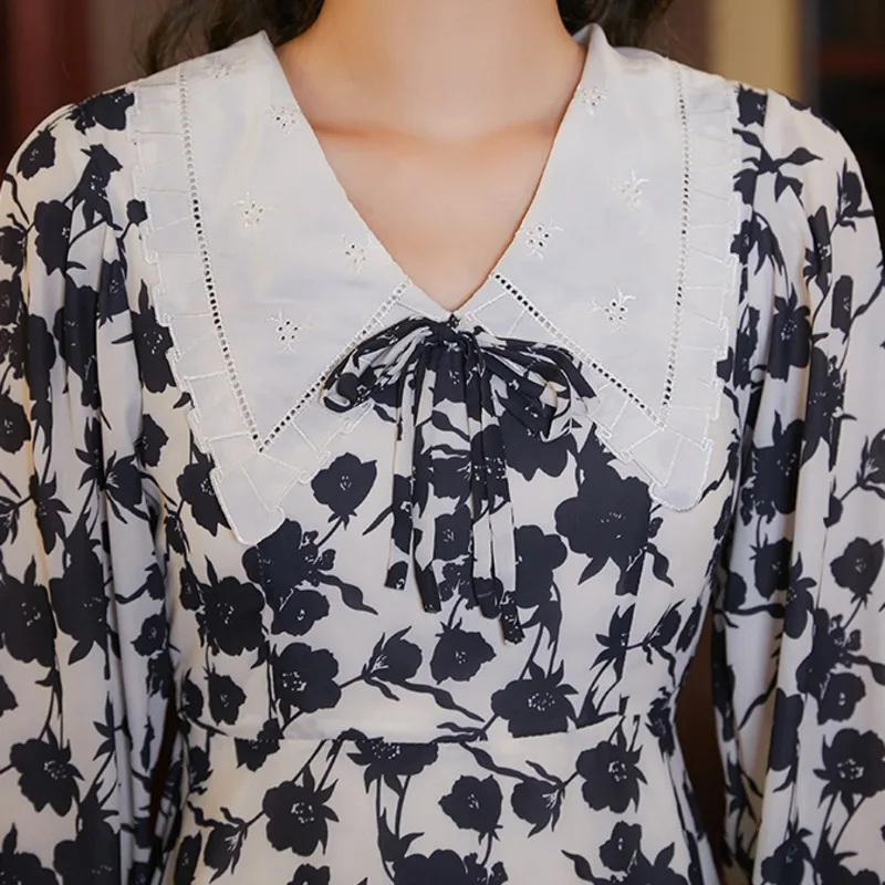 

2021 New Spring Autumn Vintage Floral Print Ruffle Long Sleeve Mini Office Floral Party Dress Women Slim Korean Dress Vestidos