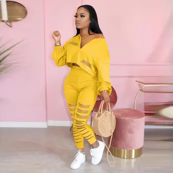 Casual Autumn two piece set women Tracksuits Long Sleeve Crop Top + Pants hollow Out Sportsuit Outfit Colthes For Women 1