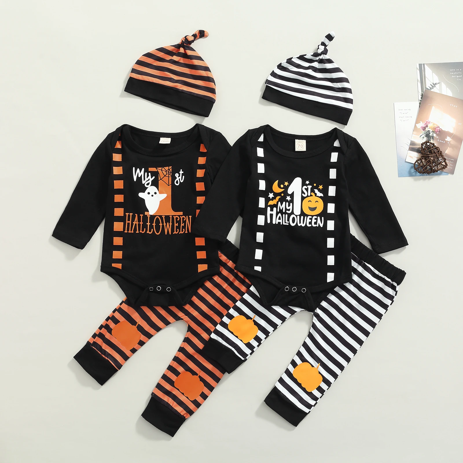 

Newborn Baby Boy Halloween Clothes Set Letter Print Long Sleeve Romper Bodysuit Striped Pants with Hat Autumn Outfits 0-18M