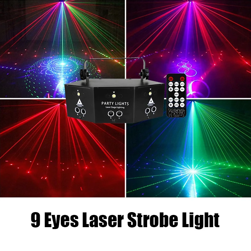 

9 Eyes RGB Dj Led Disco Laser Strobe Light DMX512 Remote Control R/G Lazer Fog Machine Stage Lighting Wedding Night KTV Club