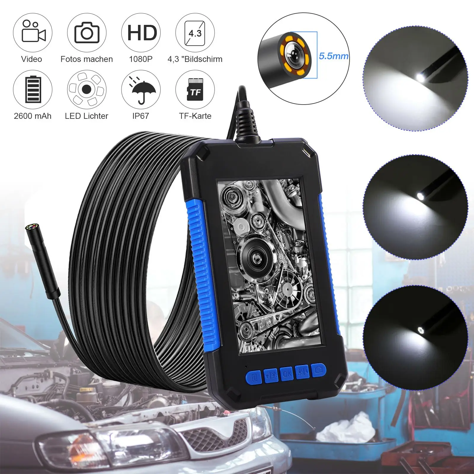 

P40 HD Industrial Endoscope Waterproof 6 LED Pipe Inspection Camera with 4.3'' LCD, 5.5mm, 10m